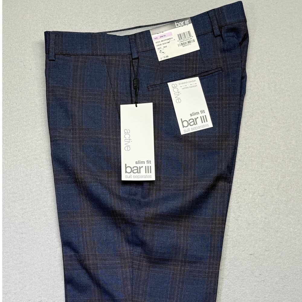 Bar III Men's Slim-Fit Wool Blend Stretch Dress Pants Navy Plaid 32x34 $175